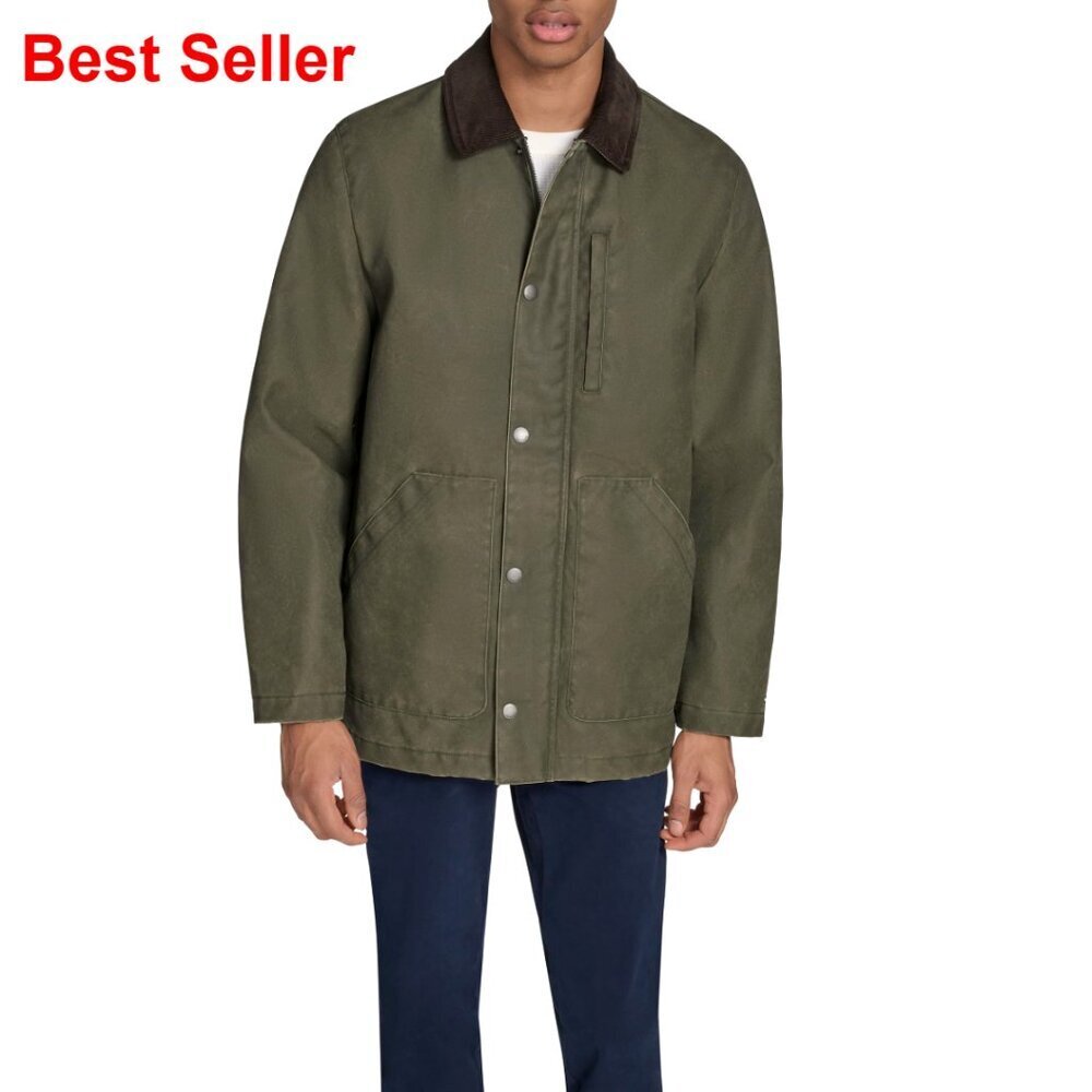 Men's Corduroy Collar Field Jacket, Snap Closure, Multiple Pockets